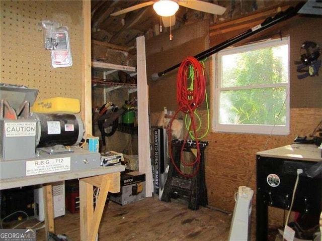 storage area featuring ceiling fan