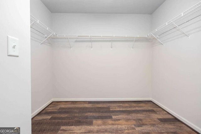 walk in closet with dark wood-type flooring