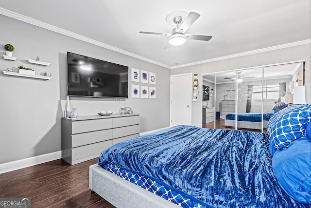 bedroom featuring crown molding, ceiling fan, dark hardwood / wood-style floors, and a closet