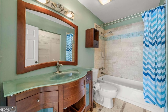 full bathroom featuring vanity, toilet, tile patterned floors, and shower / tub combo with curtain