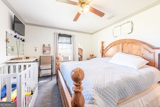 carpeted bedroom with ceiling fan, ornamental molding, and cooling unit