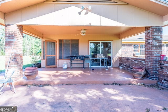 view of patio featuring ceiling fan