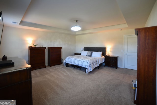 bedroom featuring carpet flooring and a raised ceiling