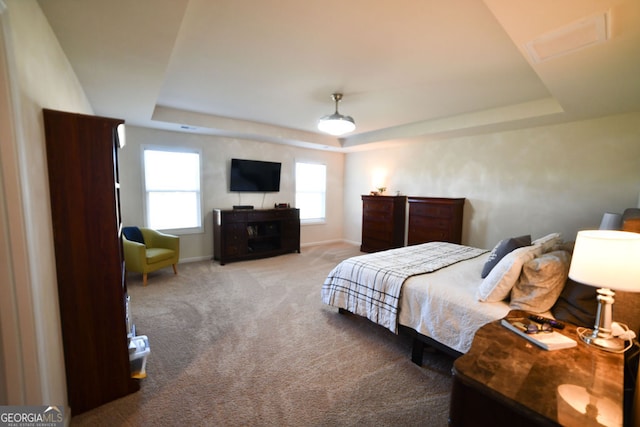 bedroom with a raised ceiling and carpet