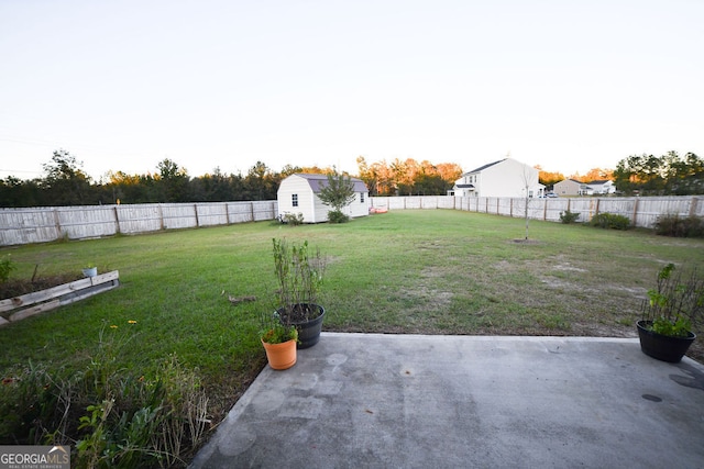 view of yard featuring a patio and a storage unit