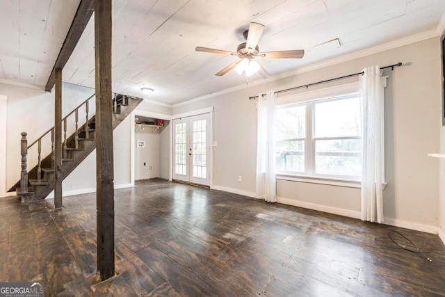 unfurnished living room featuring french doors, ceiling fan, plenty of natural light, and dark hardwood / wood-style floors