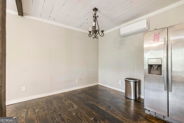 unfurnished dining area featuring wooden ceiling, ornamental molding, a wall mounted air conditioner, and dark hardwood / wood-style floors