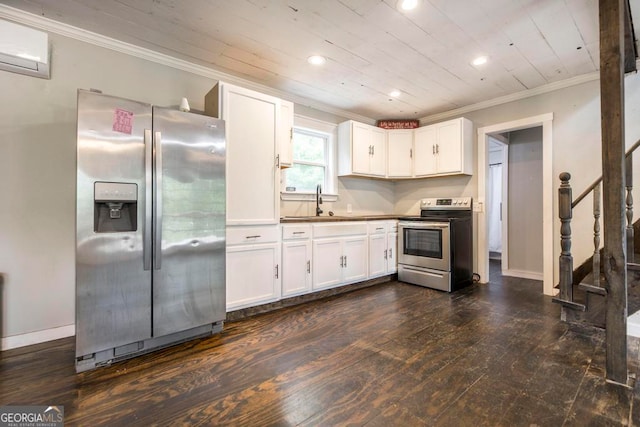 kitchen with white cabinetry, stainless steel appliances, and dark hardwood / wood-style floors