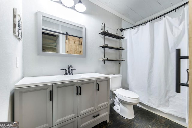 bathroom featuring hardwood / wood-style flooring, wooden ceiling, toilet, vanity, and a shower with shower curtain