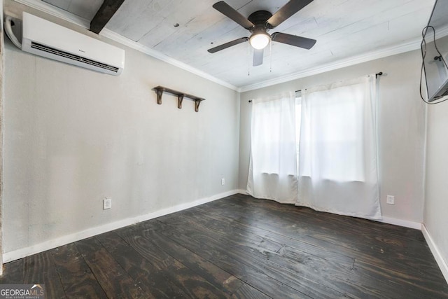 spare room with ceiling fan, wooden ceiling, a wall mounted air conditioner, ornamental molding, and dark wood-type flooring