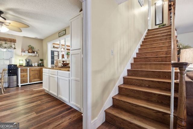 staircase with ceiling fan, a textured ceiling, and hardwood / wood-style flooring