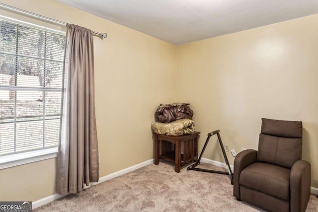 sitting room with a wealth of natural light and light colored carpet