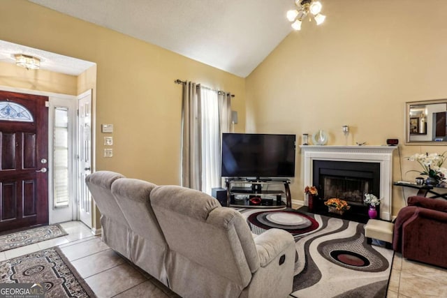 tiled living room with high vaulted ceiling