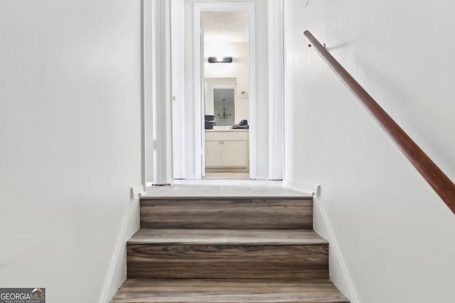 staircase with hardwood / wood-style flooring