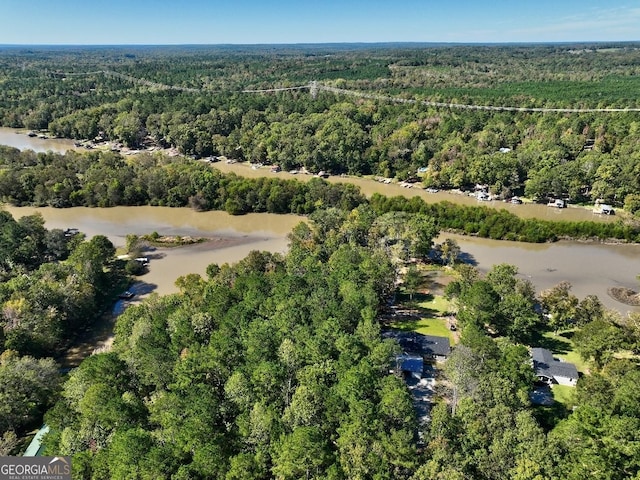 bird's eye view with a forest view and a water view