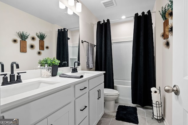 full bathroom with tile patterned flooring, vanity, toilet, and shower / tub combo with curtain