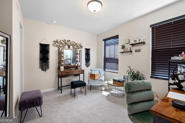 living area featuring carpet floors