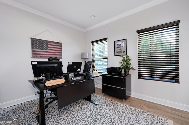 office space featuring light hardwood / wood-style flooring and ornamental molding