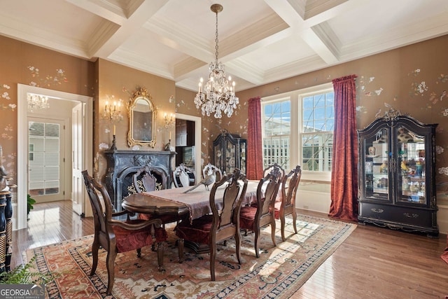 dining area with beamed ceiling, coffered ceiling, and a notable chandelier