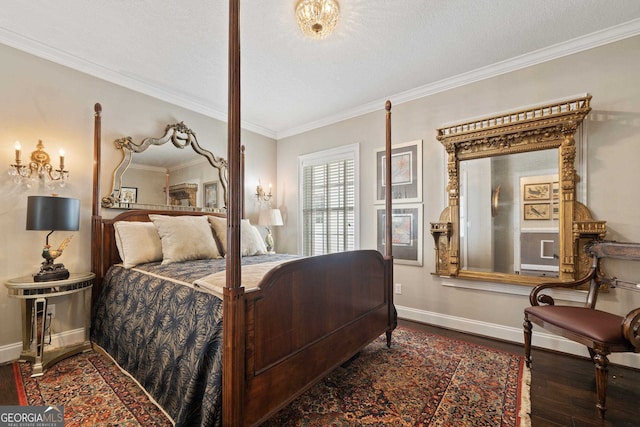 bedroom featuring crown molding, dark hardwood / wood-style floors, and a textured ceiling