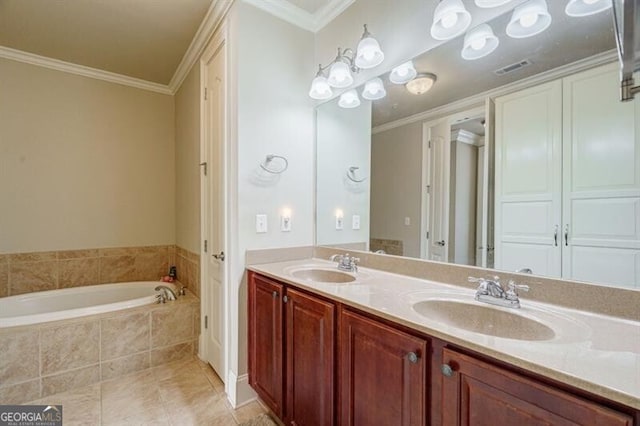 bathroom featuring vanity, tile patterned floors, ornamental molding, and tiled tub