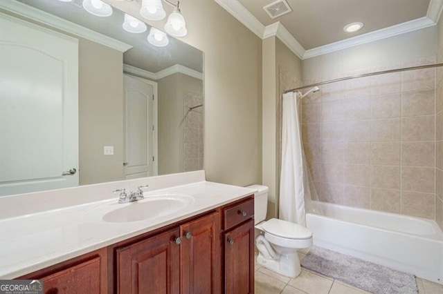 full bathroom with shower / bath combo, toilet, tile patterned flooring, ornamental molding, and vanity