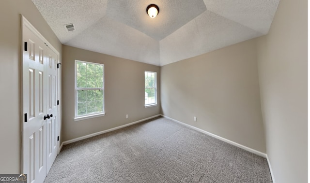 empty room featuring a textured ceiling, lofted ceiling, and light colored carpet