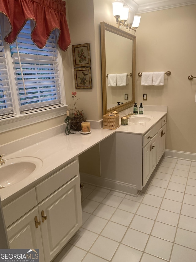 bathroom featuring vanity, ornamental molding, and tile patterned floors