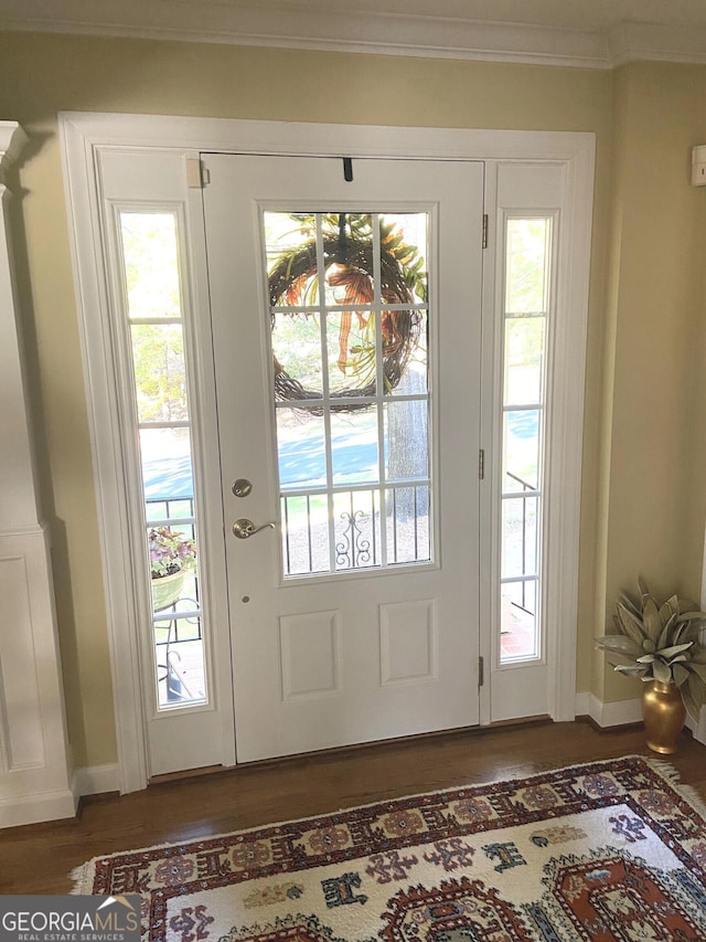 doorway with ornamental molding, dark hardwood / wood-style floors, and a healthy amount of sunlight