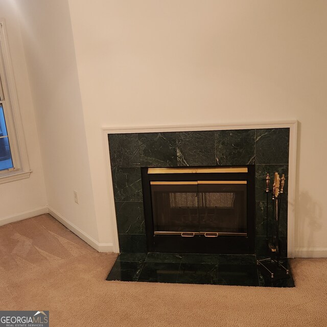 details with carpet flooring and a stone fireplace