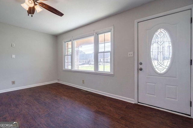 entrance foyer featuring dark hardwood / wood-style floors and ceiling fan