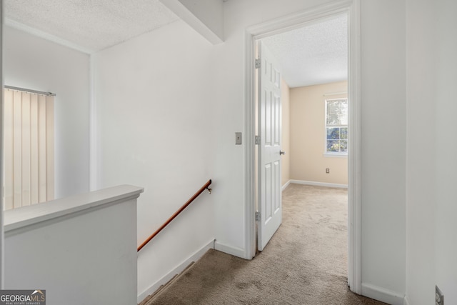 hall featuring light carpet and a textured ceiling