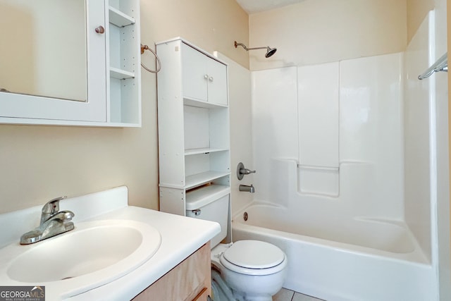 full bathroom with vanity, shower / washtub combination, toilet, and tile patterned flooring