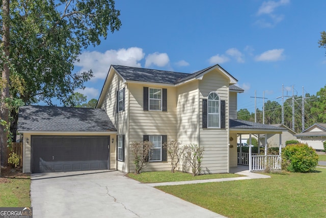 view of front facade with a garage, a front lawn, and a porch