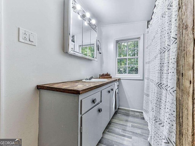 bathroom featuring vanity, hardwood / wood-style floors, and ornamental molding