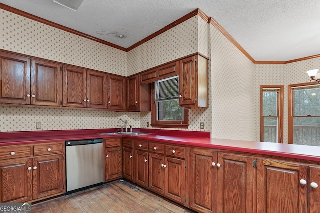 kitchen with light hardwood / wood-style floors, stainless steel dishwasher, crown molding, and sink