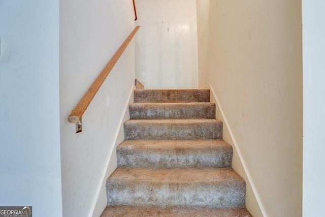 staircase featuring carpet