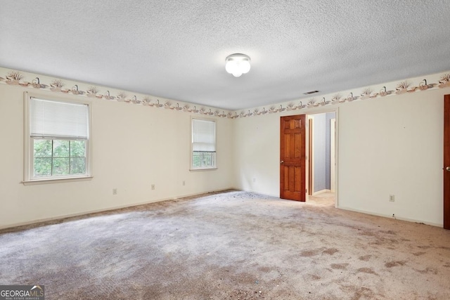 unfurnished room with a textured ceiling and light colored carpet