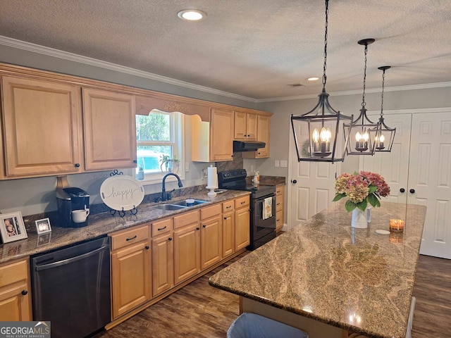 kitchen with pendant lighting, sink, dark hardwood / wood-style floors, black appliances, and a kitchen island