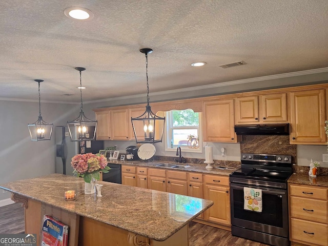 kitchen featuring sink, stainless steel range with electric cooktop, a center island, light stone counters, and dark wood-type flooring