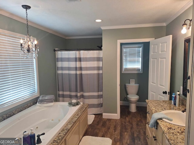 full bathroom with vanity, hardwood / wood-style floors, and crown molding