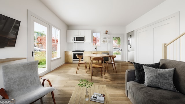 interior space with plenty of natural light, sink, and light hardwood / wood-style flooring