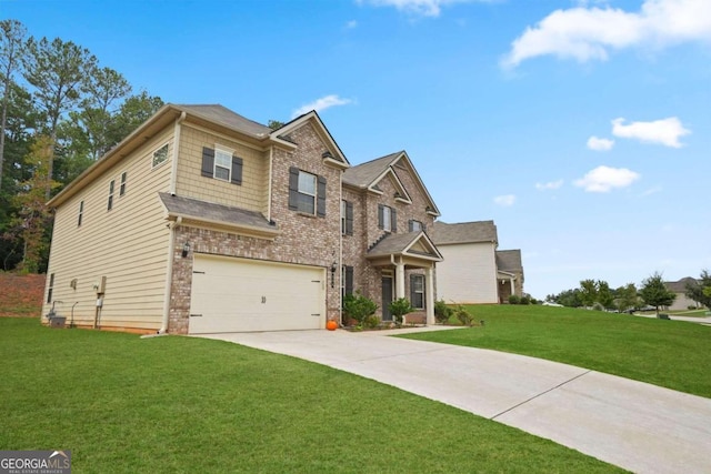 craftsman house featuring a garage and a front lawn