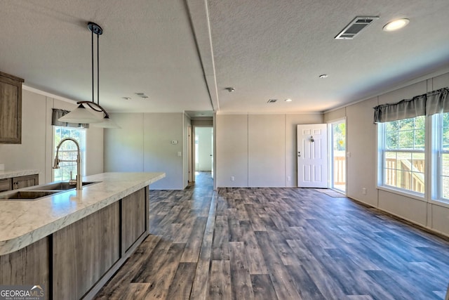 kitchen featuring hanging light fixtures, sink, a textured ceiling, and dark hardwood / wood-style flooring