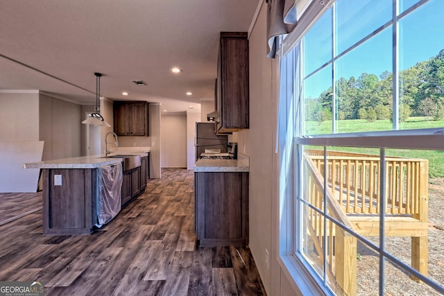 kitchen featuring stainless steel appliances, dark wood-type flooring, sink, dark brown cabinetry, and decorative light fixtures