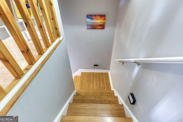 staircase with hardwood / wood-style floors