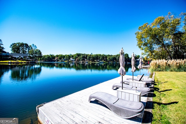 dock area with a water view and a yard