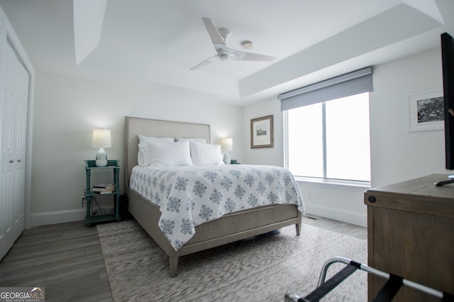 bedroom featuring hardwood / wood-style floors, a tray ceiling, a closet, and ceiling fan