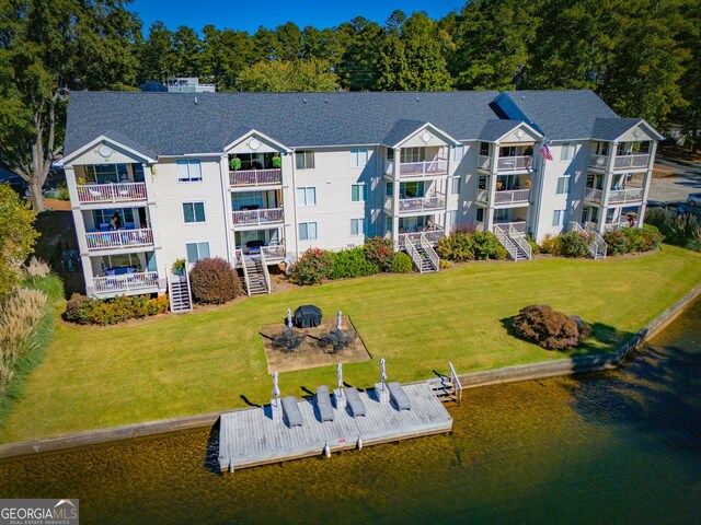 view of building exterior with a water view