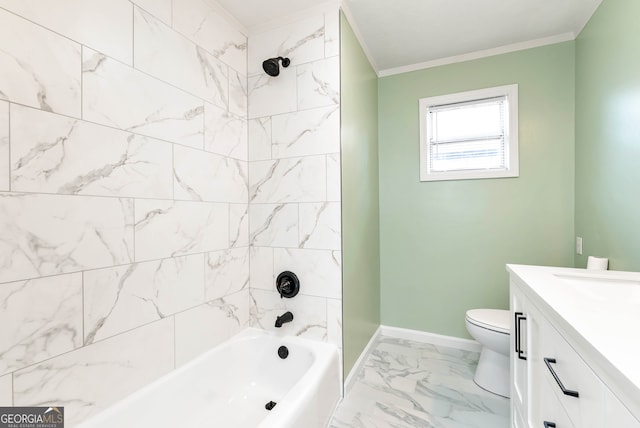 full bathroom with vanity, crown molding, tiled shower / bath combo, and toilet